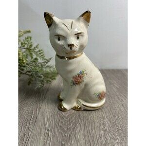 Vintage Porcelain Floral Cat Figurine Gold Trim Cottage Core